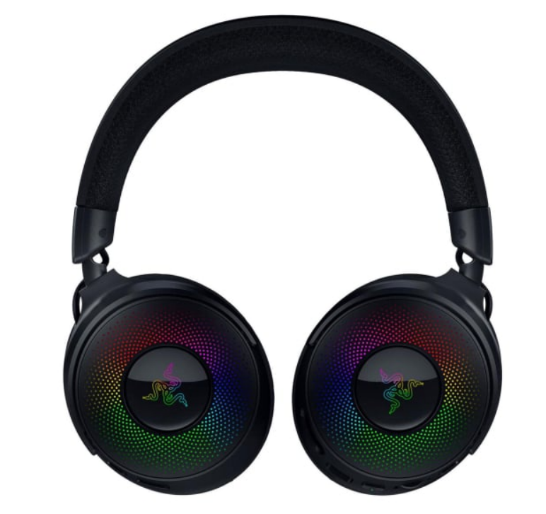 Czarne słuchawki z podświetlanym wzorem tęczy RGB i logo.
