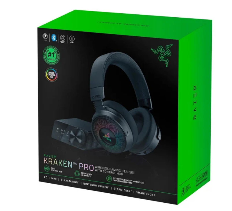 Pudełko z bezprzewodowym zestawem słuchawkowym Razer Kraken Pro V4. Zawiera Razer Chroma RGB, hub kontrolny i kompatybilność z wieloma urządzeniami.