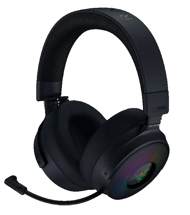 Czarne słuchawki dla graczy Razer. Posiadają nauszniki, pałąk, mikrofon i podświetlane akcenty z logo Razer.