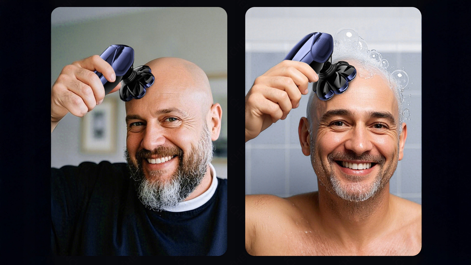 Dwóch mężczyzn goli głowy golarkami elektrycznymi. Jeden w koszuli, drugi bez koszuli w łazience. Oboje się uśmiechają.