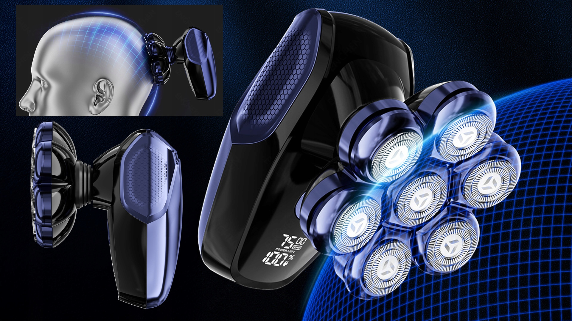 Golarka elektryczna z siedmioma obrotowymi głowicami. Cyfrowy wyświetlacz pokazuje pozostałą moc. Zawiera grafikę głowy i 2 dodatkowe widoki golarki.