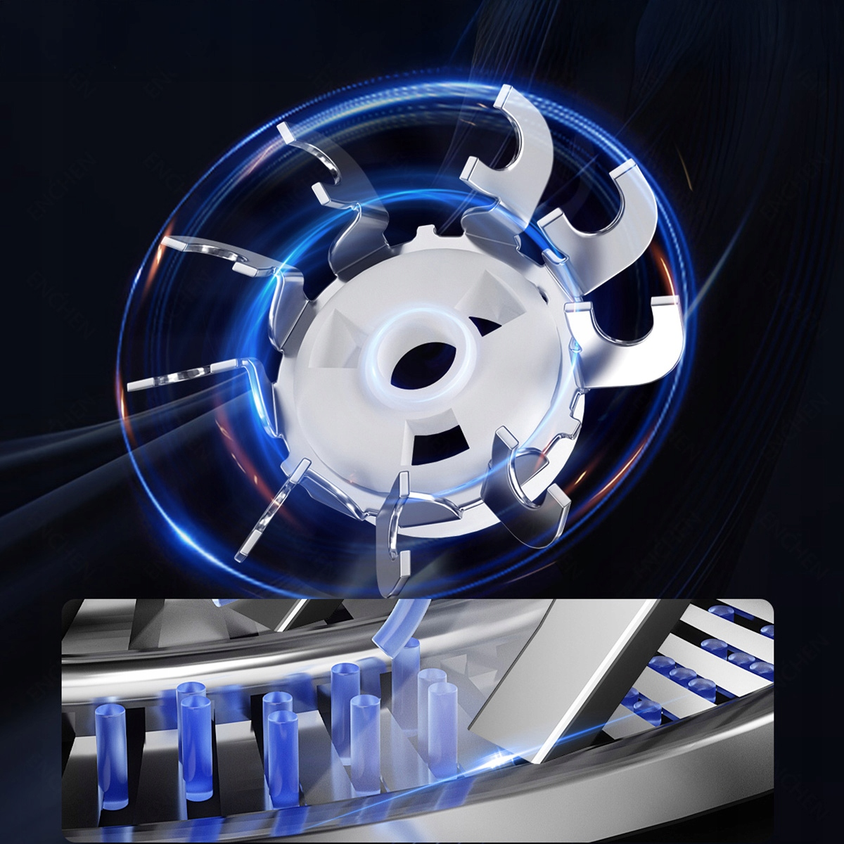 Zbliżenie metalowego urządzenia o okrągłym kształcie i ostrzach. Niebieskie akcenty podkreślają design. Obecne są również cylindryczne niebieskie struktury.