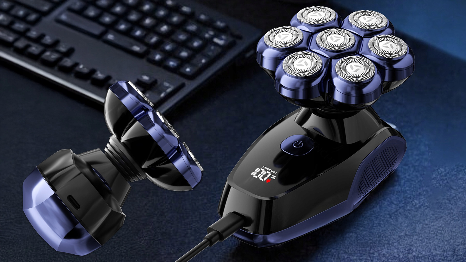 Czarno-niebieska golarka elektryczna z cyfrowym wyświetlaczem pokazującym 100% mocy. Klawiatura jest na rozmytym tle.