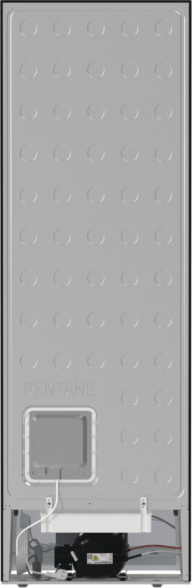 Tył lodówki. Szary panel metalowy z okręgami. Dół ma silnik i inne komponenty.