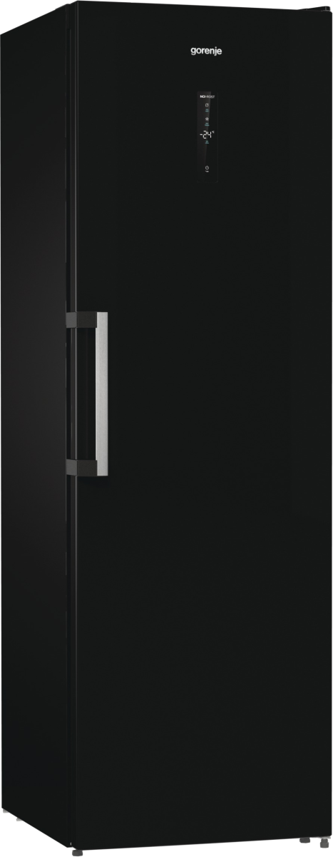 Czarna zamrażarka Gorenje ze srebrnym uchwytem. Wyświetla -24°C. Zamrażarka stoi.