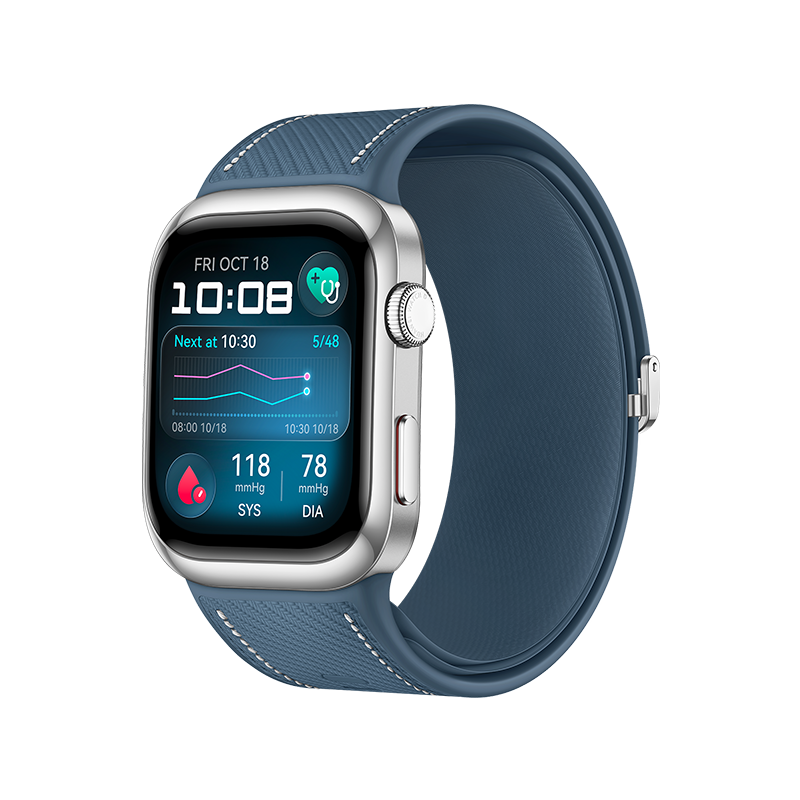 Smartwatch wyświetla datę, godzinę i dane zdrowotne. Pokazuje odczyty ciśnienia krwi i wykres, z niebieskim paskiem.