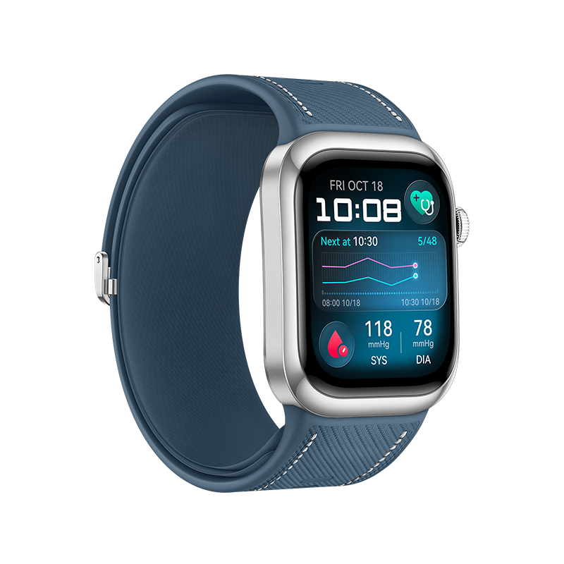 Smartwatch z niebieskim paskiem, wyświetlający datę, godzinę i wskaźniki zdrowia, takie jak odczyty ciśnienia krwi.