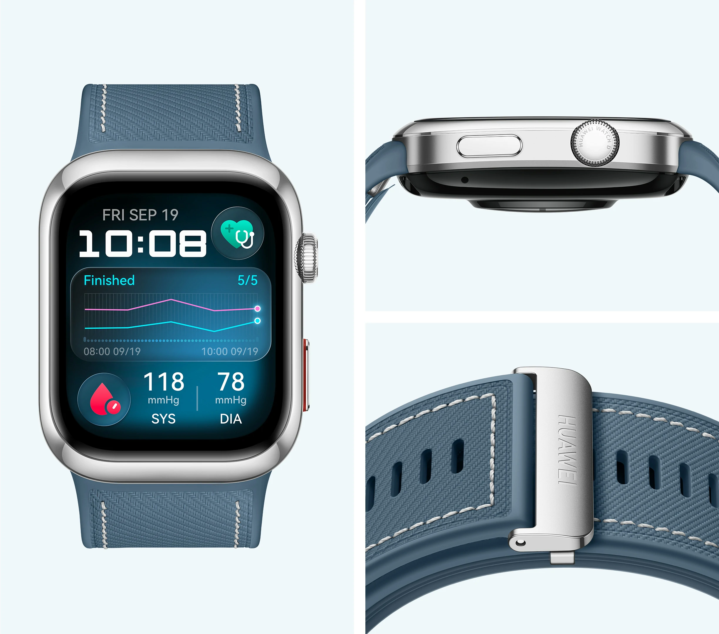 Smartwatch z niebieskim paskiem wyświetla czas, datę i dane zdrowotne. Zawiera szczegóły boczne i zapięcia.