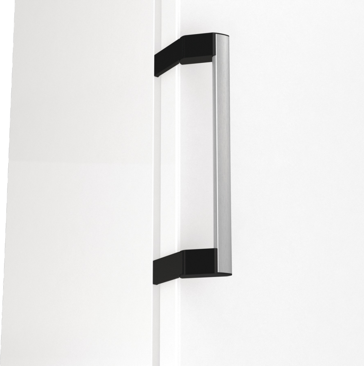 Zbliżenie białych drzwi z uchwytem ze stali nierdzewnej. Uchwyt ma czarne końce. Drzwi są uchylone, widać kawałek ramy.