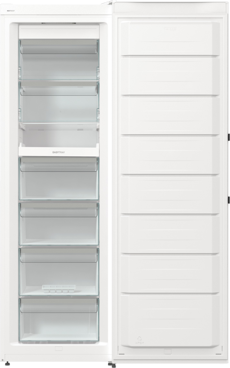 Biała zamrażarka z otwartymi drzwiami. Wnętrze pokazuje szklane półki po lewej i szuflady po prawej.