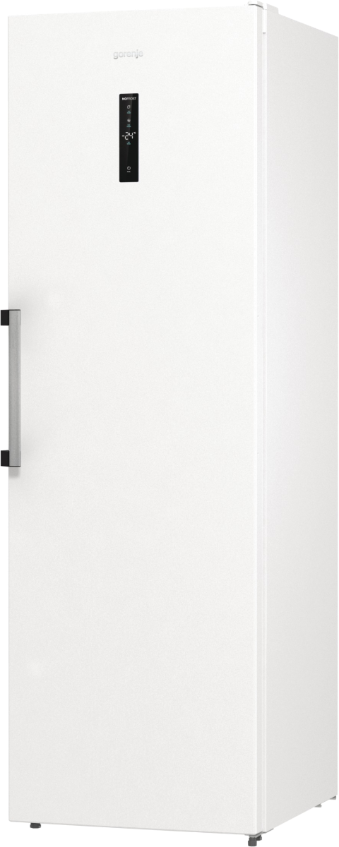 Biała zamrażarka Gorenje. Posiada cyfrowy wyświetlacz z -24. Po lewej stronie srebrny uchwyt.