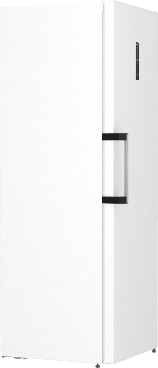 Wysoka, biała zamrażarka. Ma czarny uchwyt i panel sterowania. Zamrażarka stoi na białym tle.