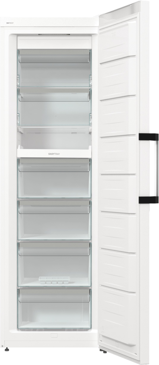 Biała zamrażarka z otwartymi drzwiami, odsłaniająca kilka przezroczystych szuflad i półek. Drzwi mają czarny uchwyt.