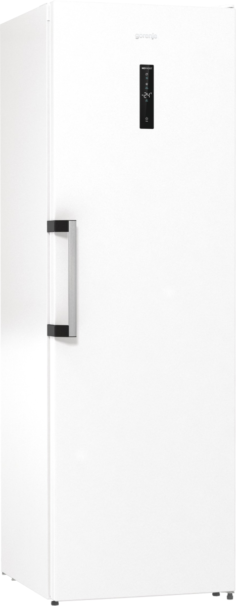 Biała zamrażarka Gorenje. Ma uchwyt, cyfrowy wyświetlacz pokazujący -24 stopnie i czarny panel sterowania. Tło jest gładkie.