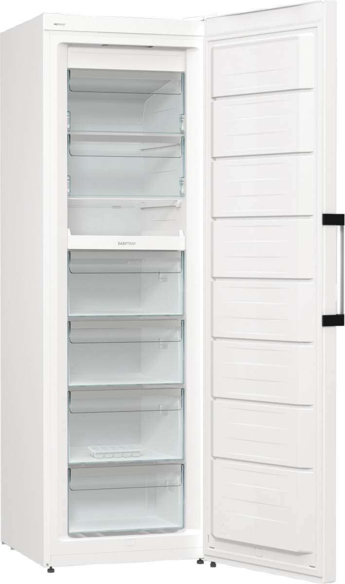 Biała zamrażarka z otwartymi drzwiami, odsłaniająca wiele półek i szuflad. Drzwi mają uchwyt, a wnętrze jest puste.