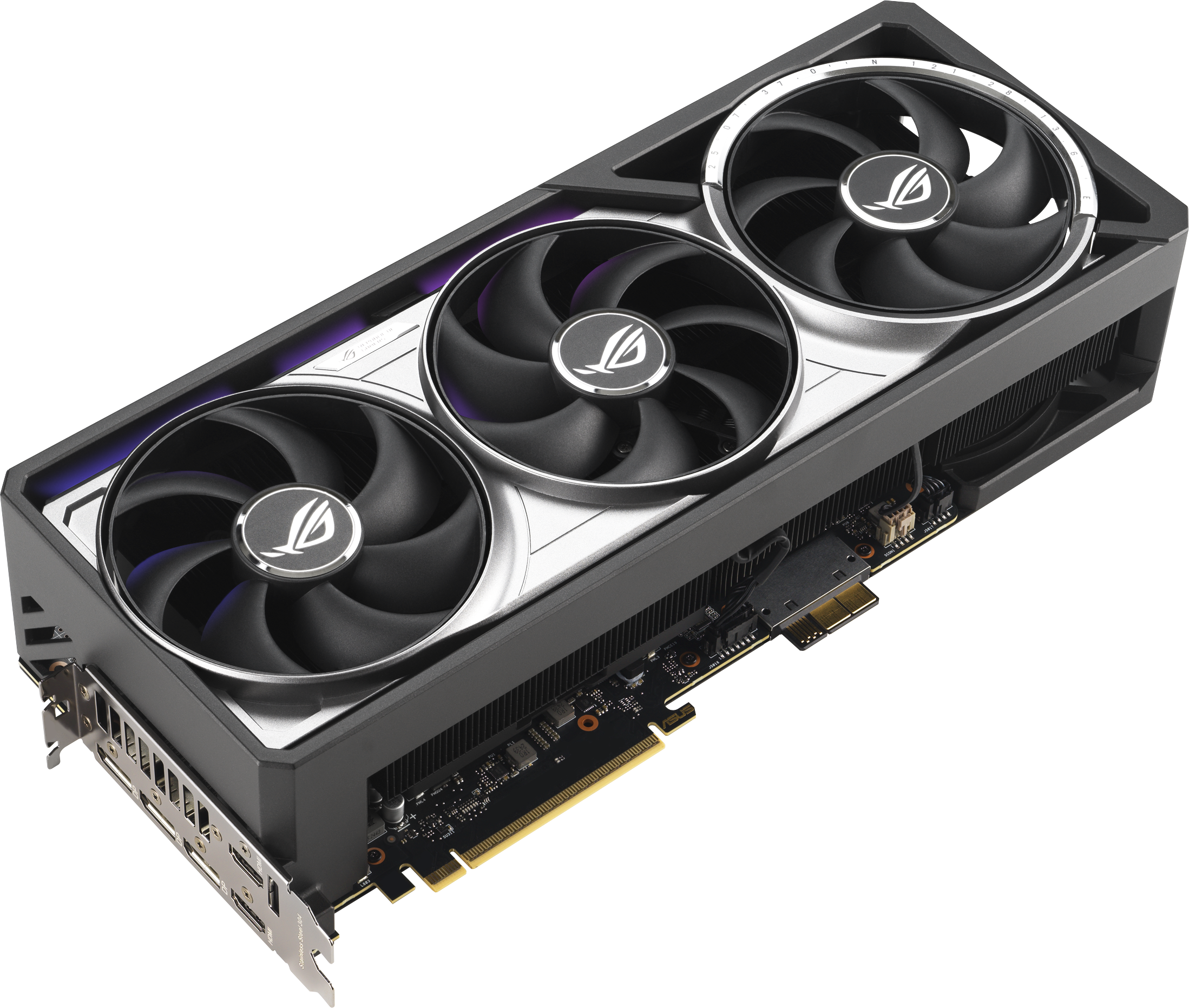 Une carte graphique noire et argentée avec trois ventilateurs, le logo ROG et des ports sur fond blanc.