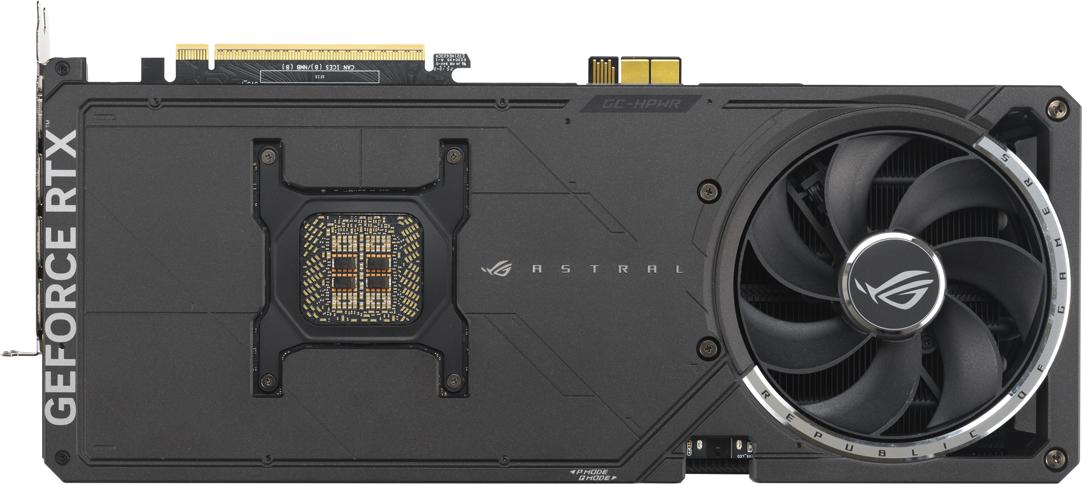 Une carte graphique noire et grise. Elle a un ventilateur à droite, les mots 'GEFORCE RTX' à gauche et 'ROG ASTRAL' au milieu.