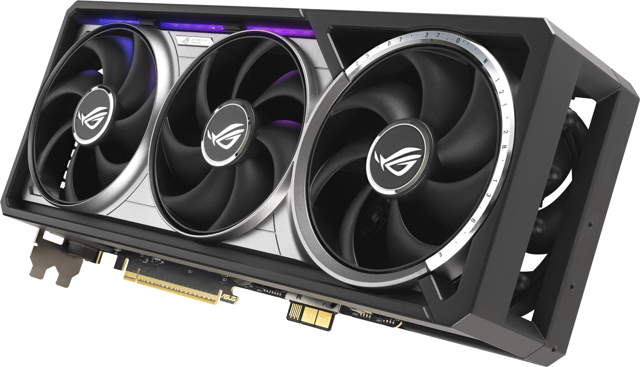 Gros plan sur une carte graphique d'ordinateur avec trois grands ventilateurs portant le logo ROG. La carte a un design noir et gris.