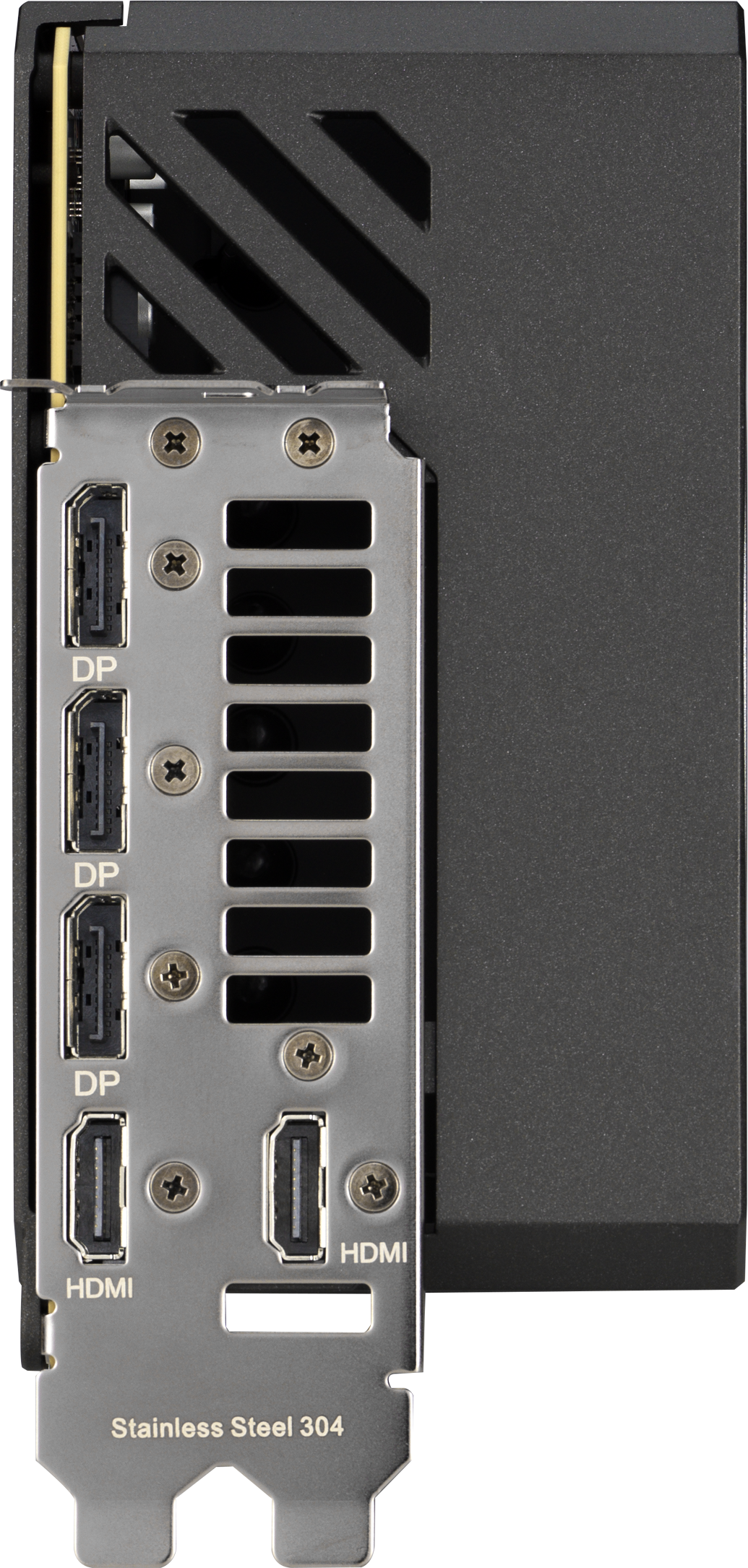 Gros plan d'une carte graphique d'ordinateur. Des ports et des aérations argentés sont visibles. Les ports HDMI et DP sont étiquetés. La carte a un couvercle noir.