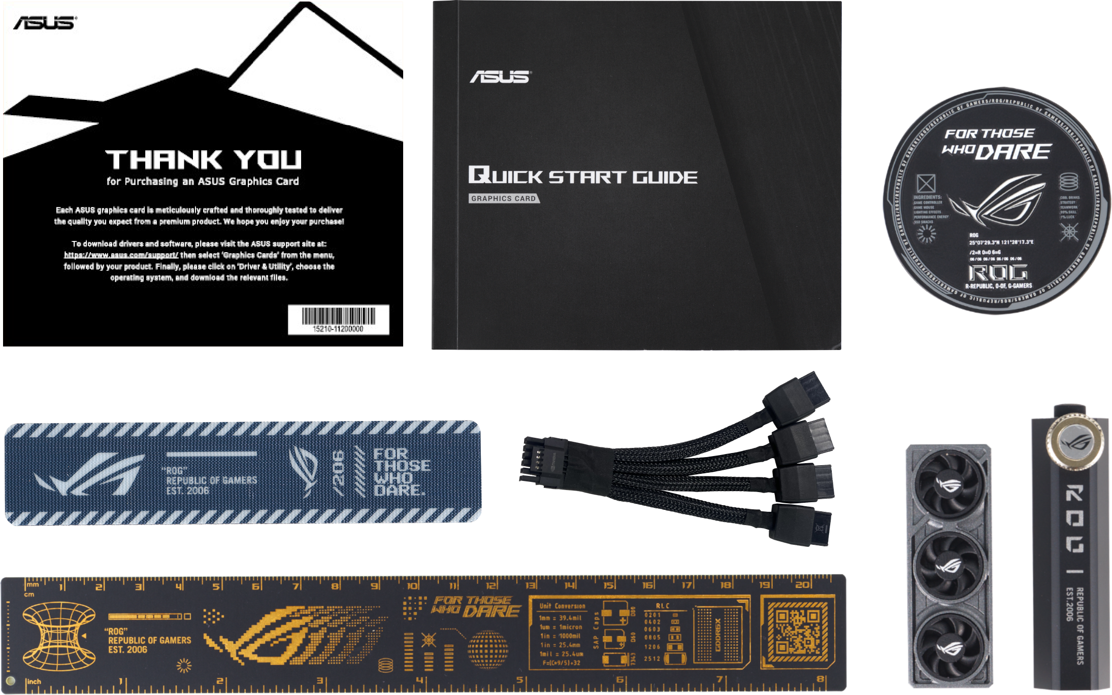 Accessoires de carte graphique ASUS : manuels, câbles, règle et autocollant. Comporte le logo ROG et la marque « Republic of Gamers ».