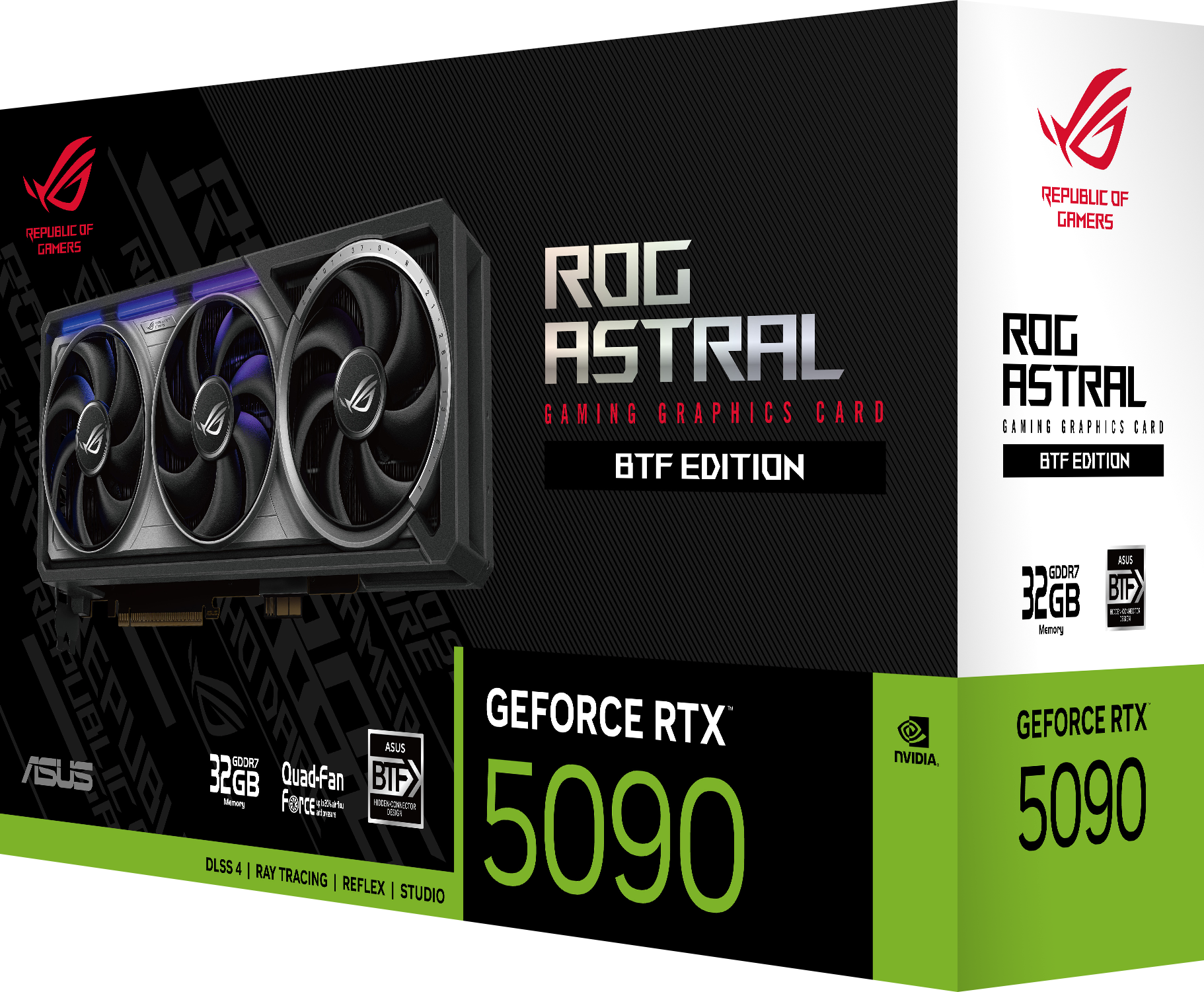 Une boîte de carte graphique. Elle présente une carte graphique de jeu ROG Astral avec des couleurs noir et vert, et la GeForce RTX 5090.