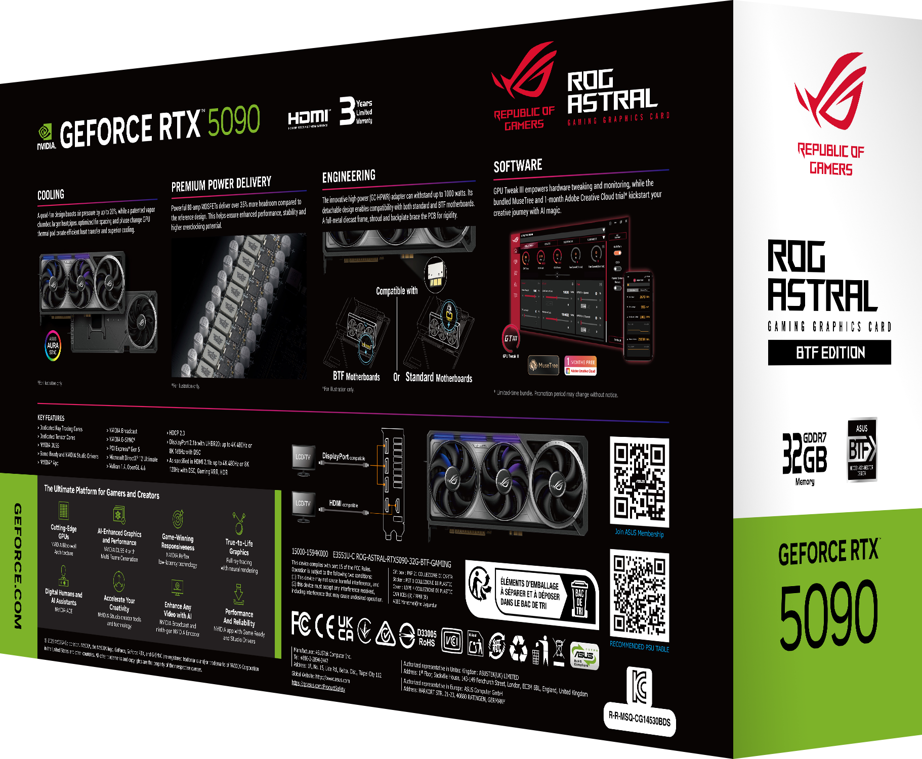 Boîte de carte graphique avec RTX 5090. Comprend le refroidissement, l'alimentation et les détails techniques.
