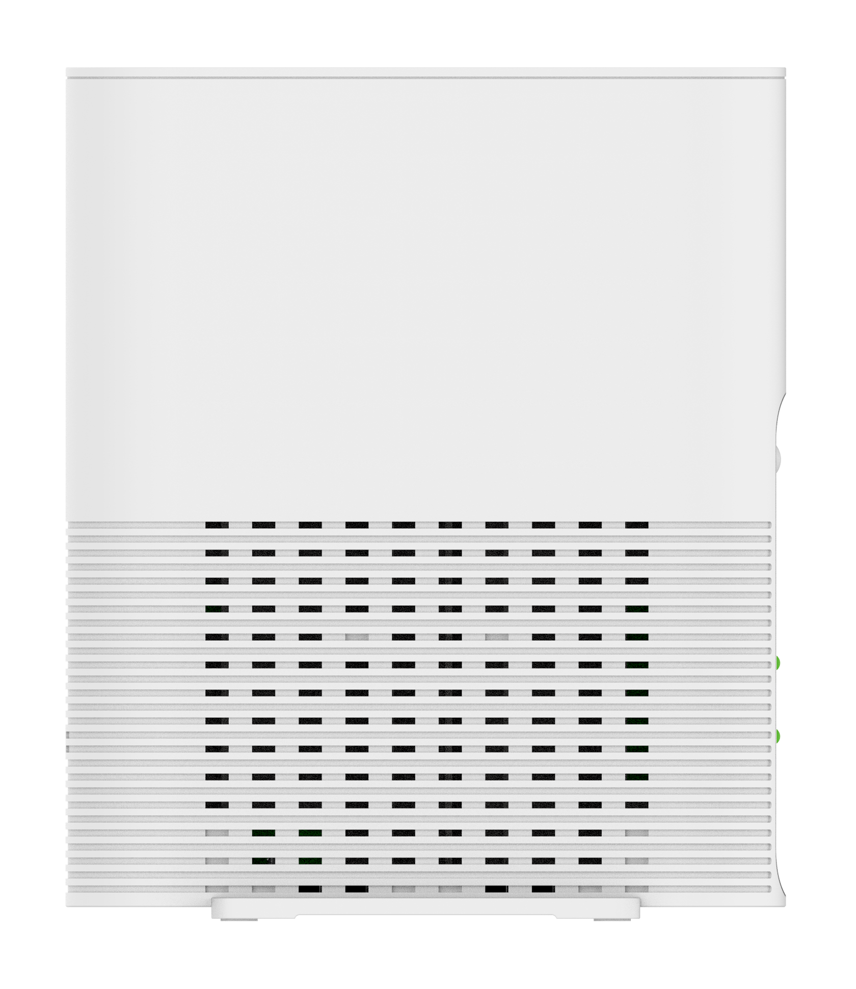 Białe urządzenie z poziomymi otworami wentylacyjnymi na dole. Widoczne zielone światła. Góra biała.