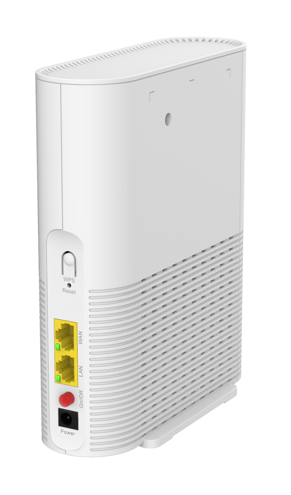 Biały modem z portami, przyciskami i otworami wentylacyjnymi. Posiada przycisk zasilania oraz porty LAN/WAN. Design jest nowoczesny i elegancki.