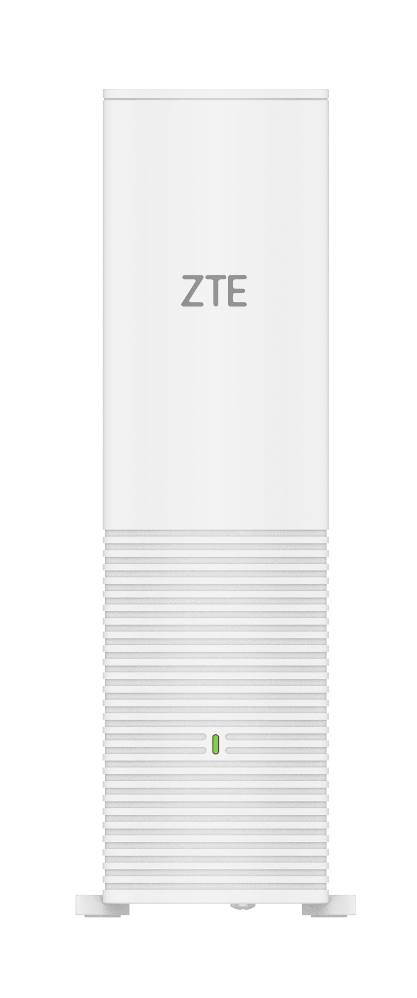 Białe urządzenie ZTE z poziomymi liniami na dole i logo ZTE na górze. Jest zielone światło.