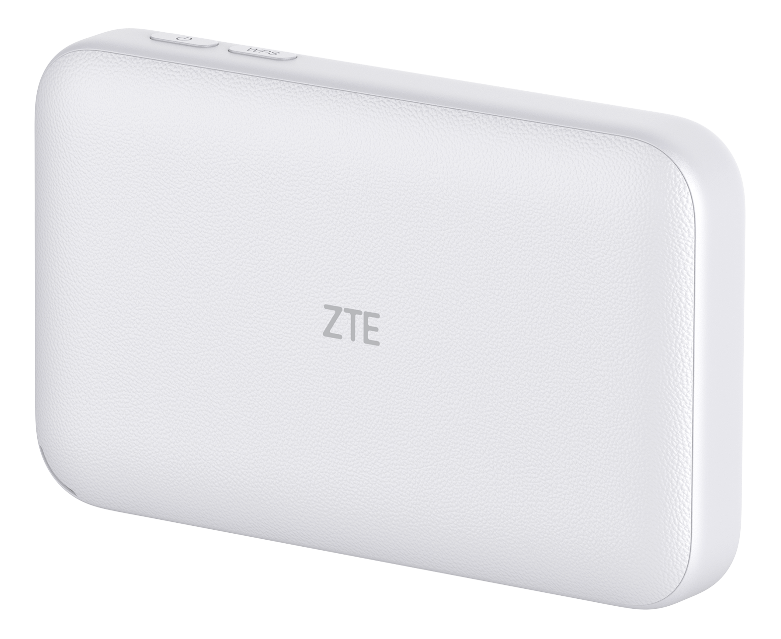 Białe urządzenie Wi-Fi ZTE z kieszeni z teksturowaną powierzchnią, zaokrąglonymi rogami i górnymi przyciskami. Widoczne logo ZTE.