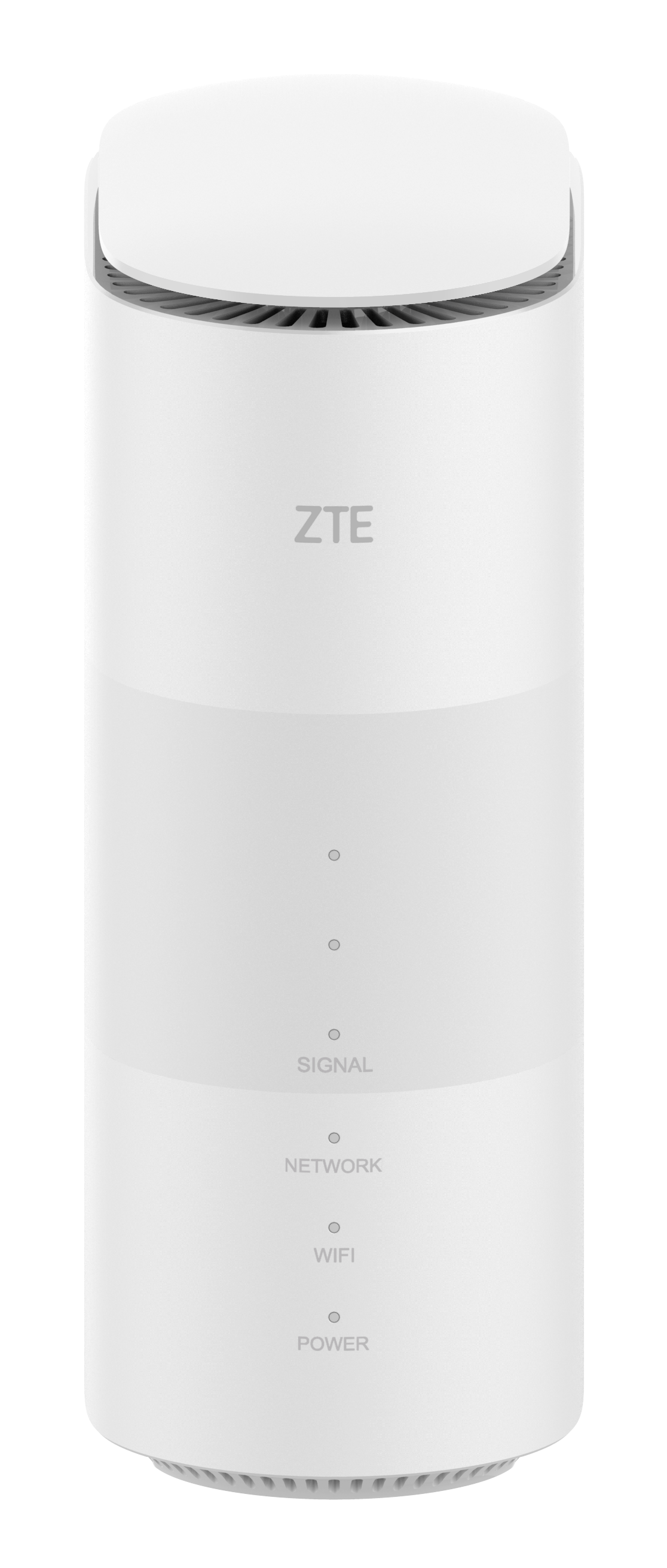 Biały router ZTE. Ma cylindryczny kształt i wyświetla wskaźniki 'SIGNAL', 'NETWORK', 'WIFI' i 'POWER'.