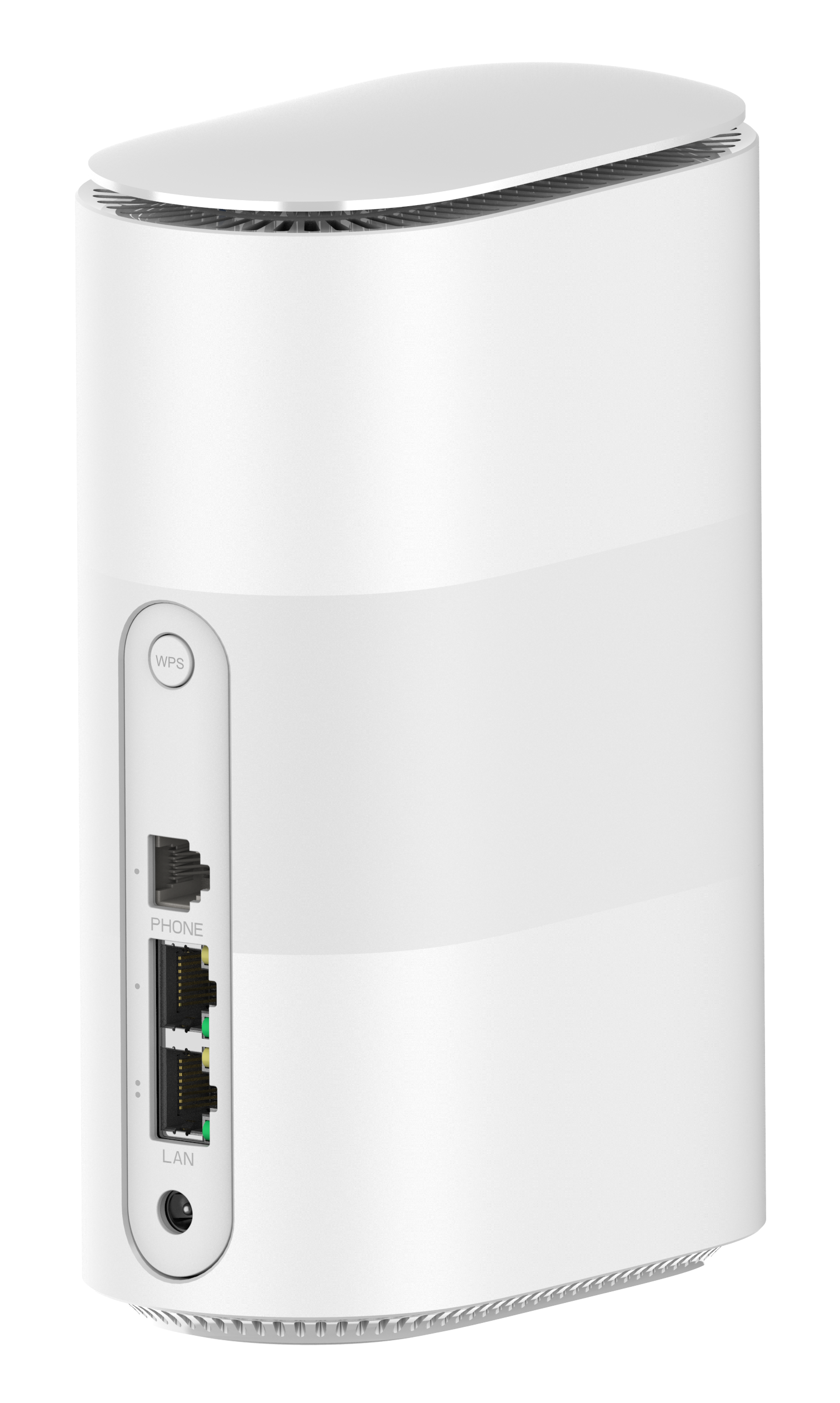 Biały cylindryczny router z portami WPS, PHONE i LAN. Górna część ma otwory wentylacyjne. Czarne tło.