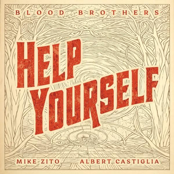 Albumcover mit rotem Text 'Help Yourself'. 'Blood Brothers' oben, Künstlernamen unten. Beiger Hintergrund mit baumartigem Design.