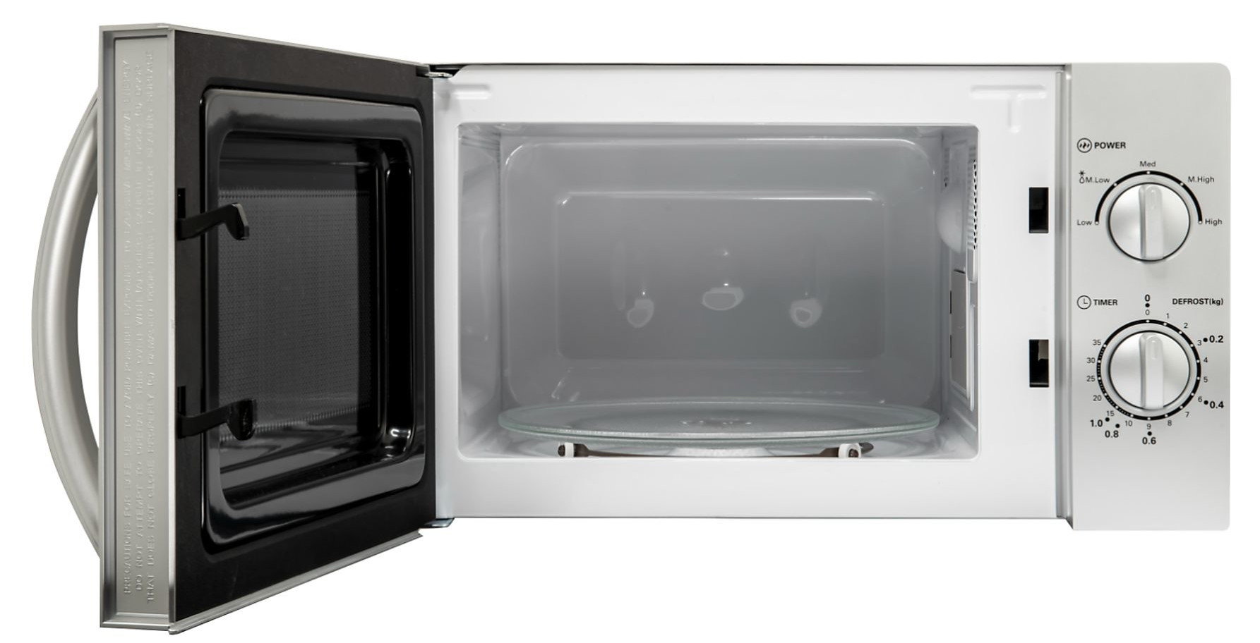 Otwarta biała kuchenka mikrofalowa, szklany talerz w środku. Panel sterowania pokazuje ustawienia mocy i timera. Drzwi po lewej, srebrny uchwyt.