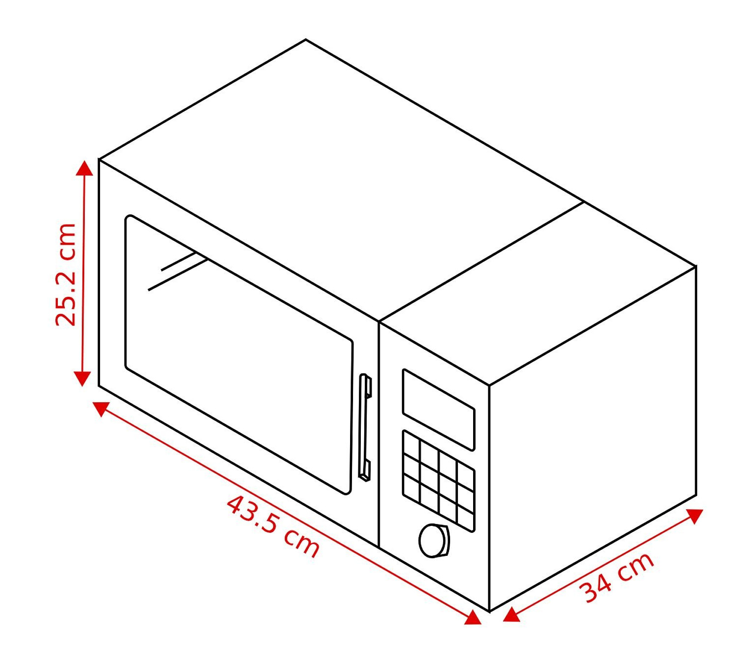 Widok izometryczny kuchenki mikrofalowej. Wymiary: 43,5 cm szerokości, 25,2 cm wysokości i 34 cm głębokości. Posiada drzwi i panel sterowania.