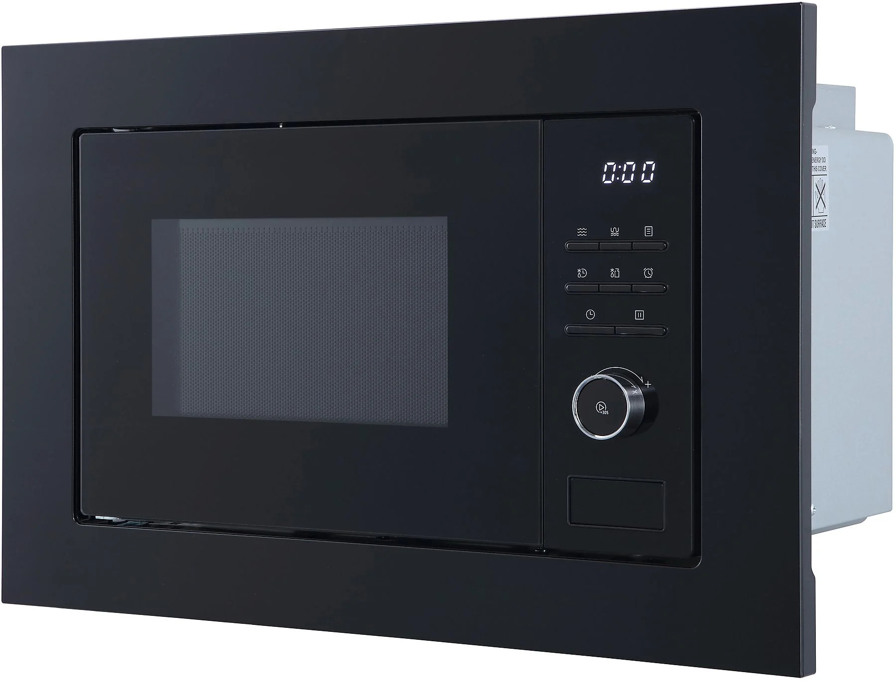 Czarna kuchenka mikrofalowa jest wbudowana w ścianę. Posiada zegar cyfrowy, przyciski, pokrętło i szklane drzwi.