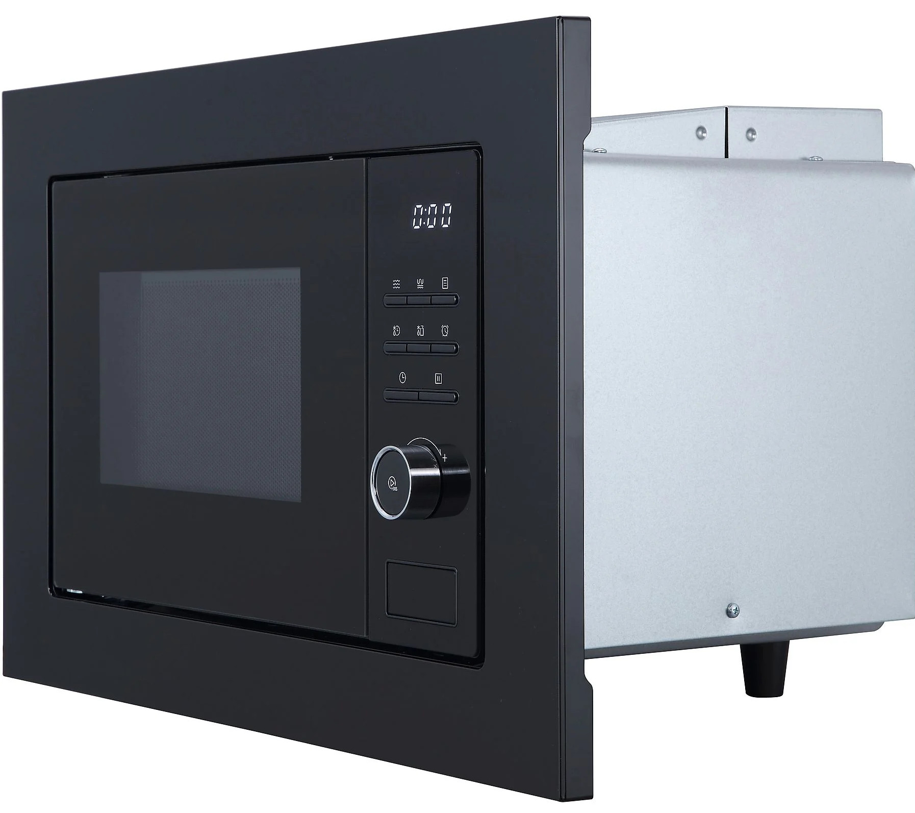 Czarny wbudowany piekarnik mikrofalowy. Posiada wyświetlacz cyfrowy, panel sterowania i pokrętło. Otwarta strona pokazuje metal.