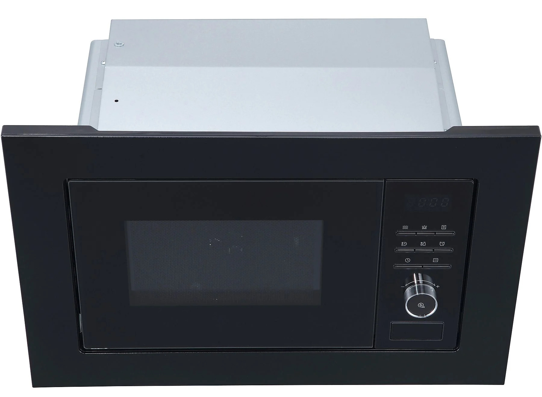 Czarny, wbudowany piekarnik mikrofalowy. Posiada wyświetlacz cyfrowy, przyciski sterowania i pokrętło.