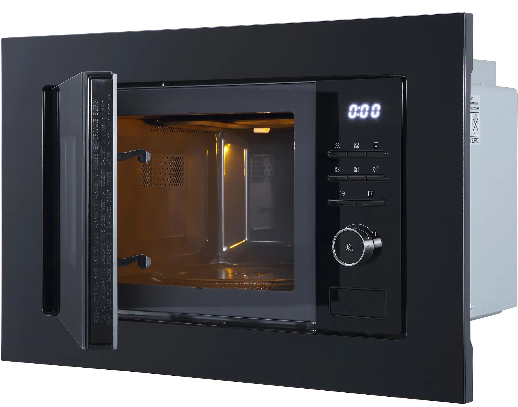 Czarny piekarnik mikrofalowy z otwartymi drzwiami. Wyświetlacz cyfrowy pokazuje '0:00'. Panel sterowania z przyciskami i pokrętłem. Wnętrze podświetlone.