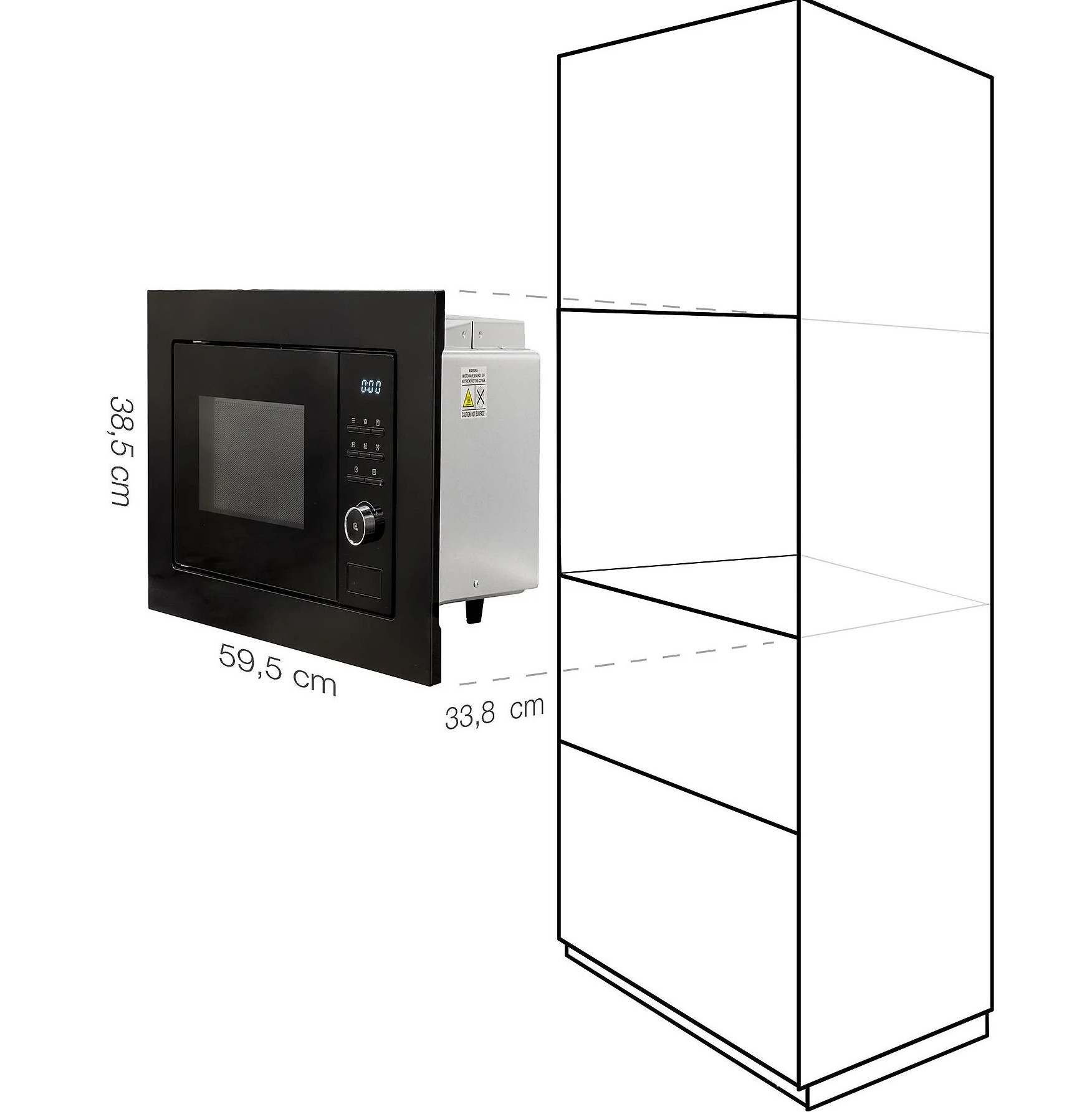Czarna kuchenka mikrofalowa wbudowana w czarną ramę, obok szafka. Pokazano wymiary. Czarny ze srebrem.