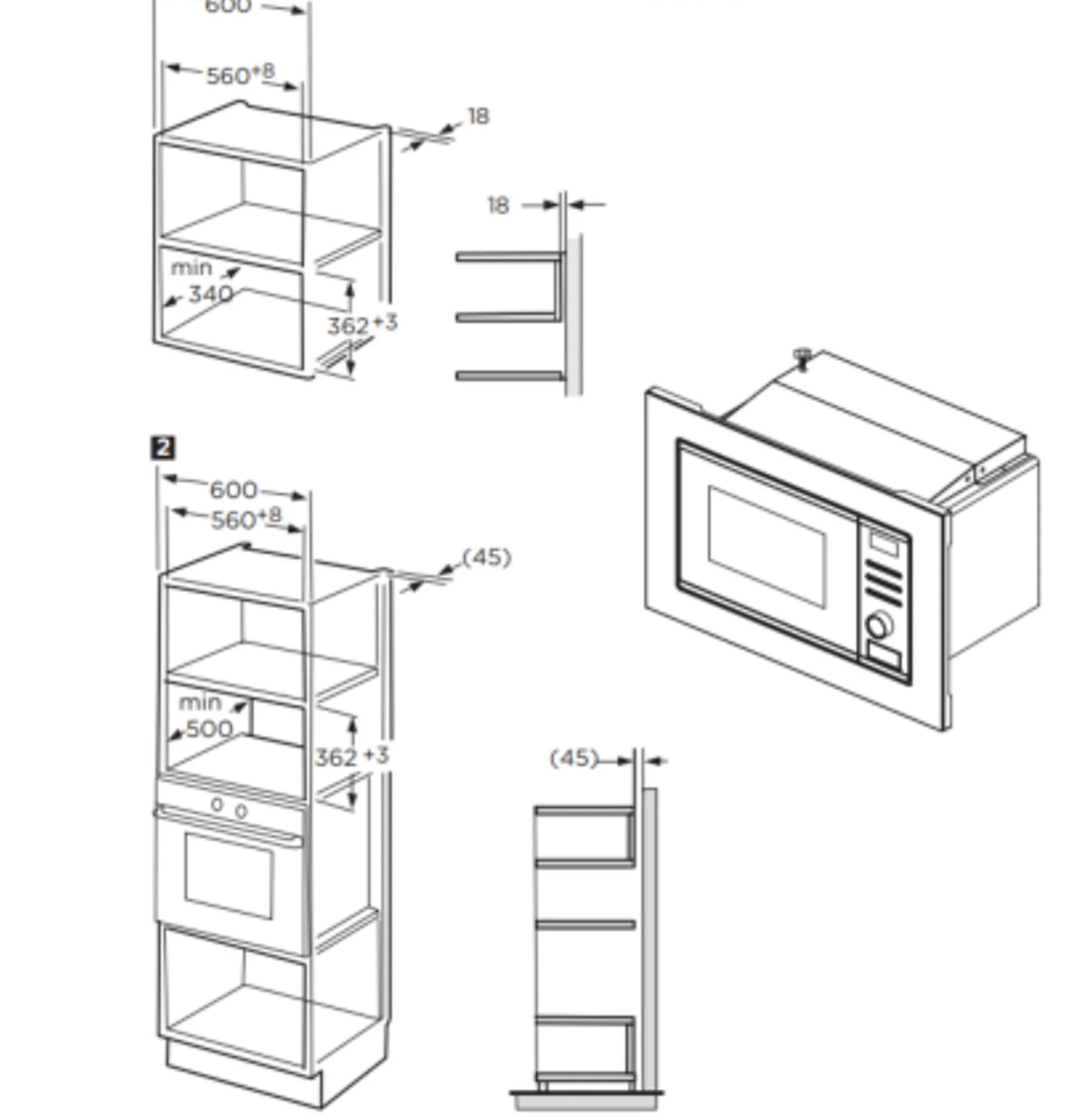 Rysunki techniczne urządzeń kuchennych, w tym kuchenki mikrofalowej, piekarnika i szafki. Wymiary i miary są oznaczone.