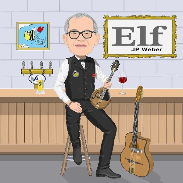 Cartoon eines Mannes mit Brille, der eine Mandoline hält. Er sitzt auf einem Hocker an einer Bar, mit einer Gitarre und einem Weinglas.