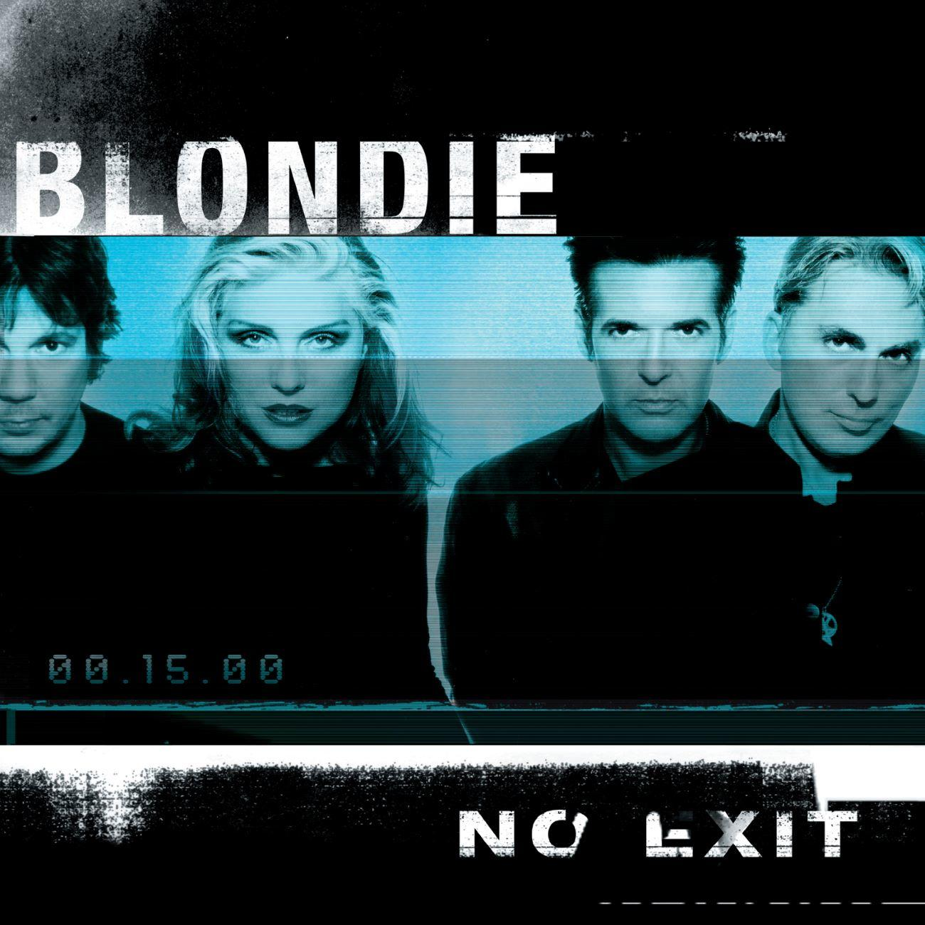 Pochette de l'album Blondie. Quatre membres du groupe font face sur fond bleu, avec "Blondie" et "No Exit" en texte blanc.