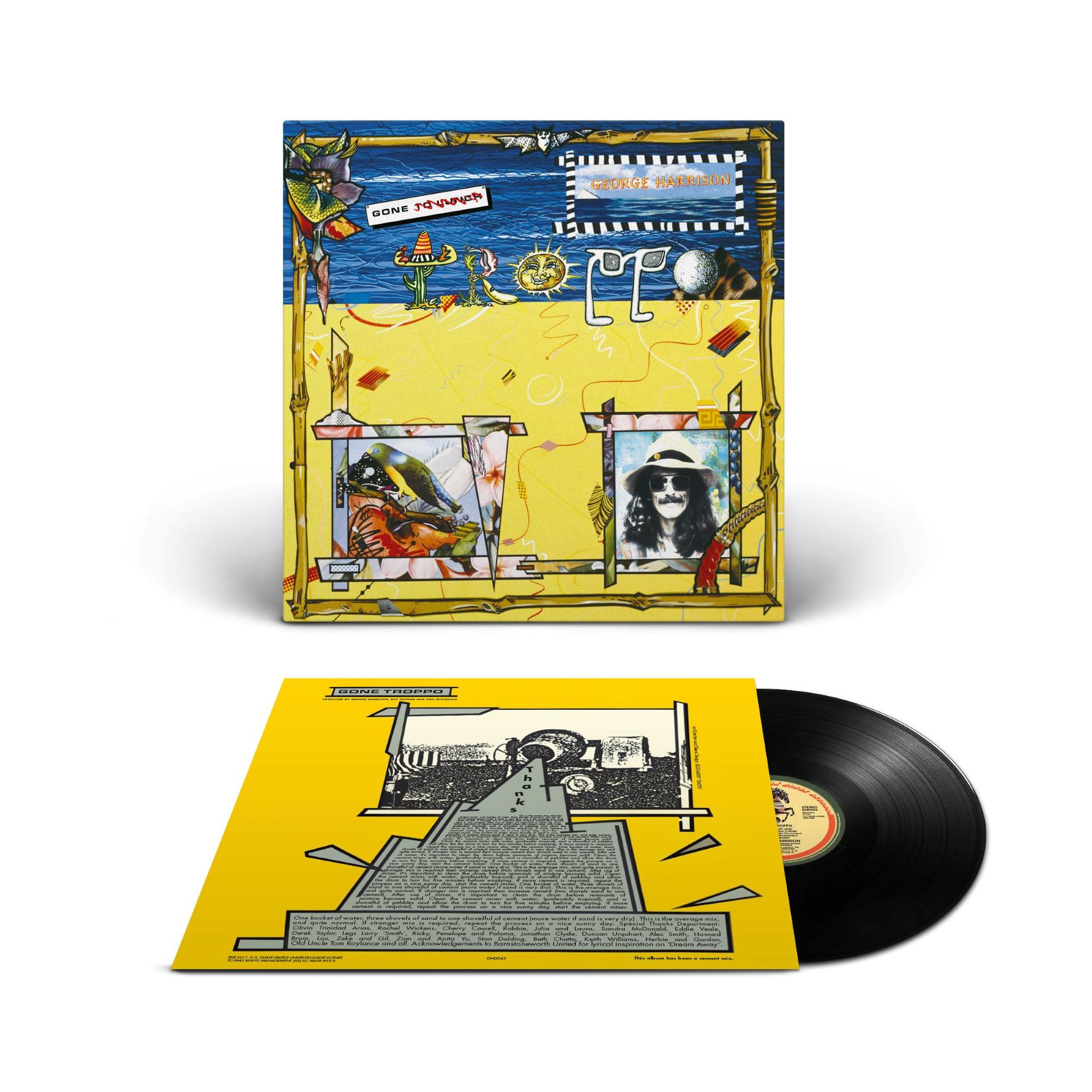 Albumhoes, gele achtergrond met afbeeldingen, tekst en een vinylplaat. Met George Harrison, titel 'Gone Troppo' met illustraties.