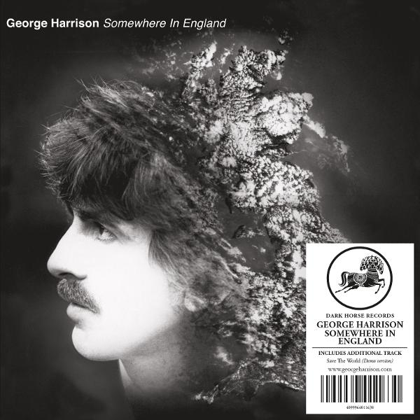 Pochette d'album avec le profil de George Harrison fusionné avec une carte de l'Angleterre. Comprend le texte : "Somewhere In England" et les détails de l'étiquette.