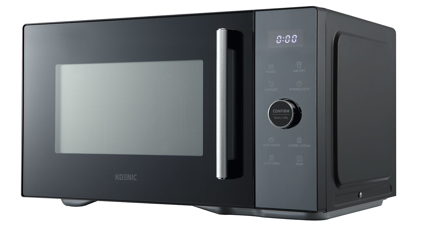 Czarny piekarnik mikrofalowy Koenic na białym tle. Ma cyfrowy wyświetlacz, przyciski i srebrny uchwyt.