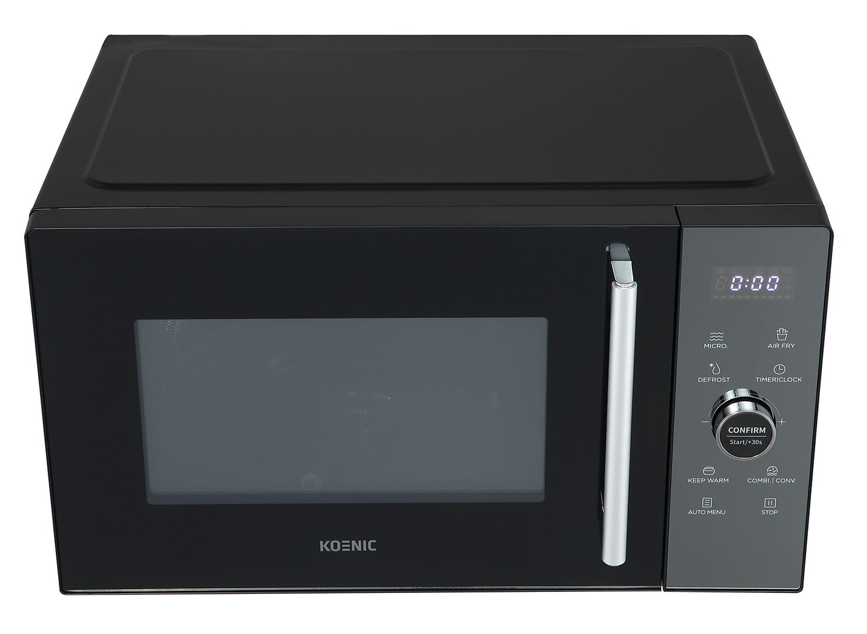 Czarna kuchenka mikrofalowa ze srebrnym uchwytem. Posiada cyfrowy wyświetlacz zegara i kilka przycisków funkcyjnych.