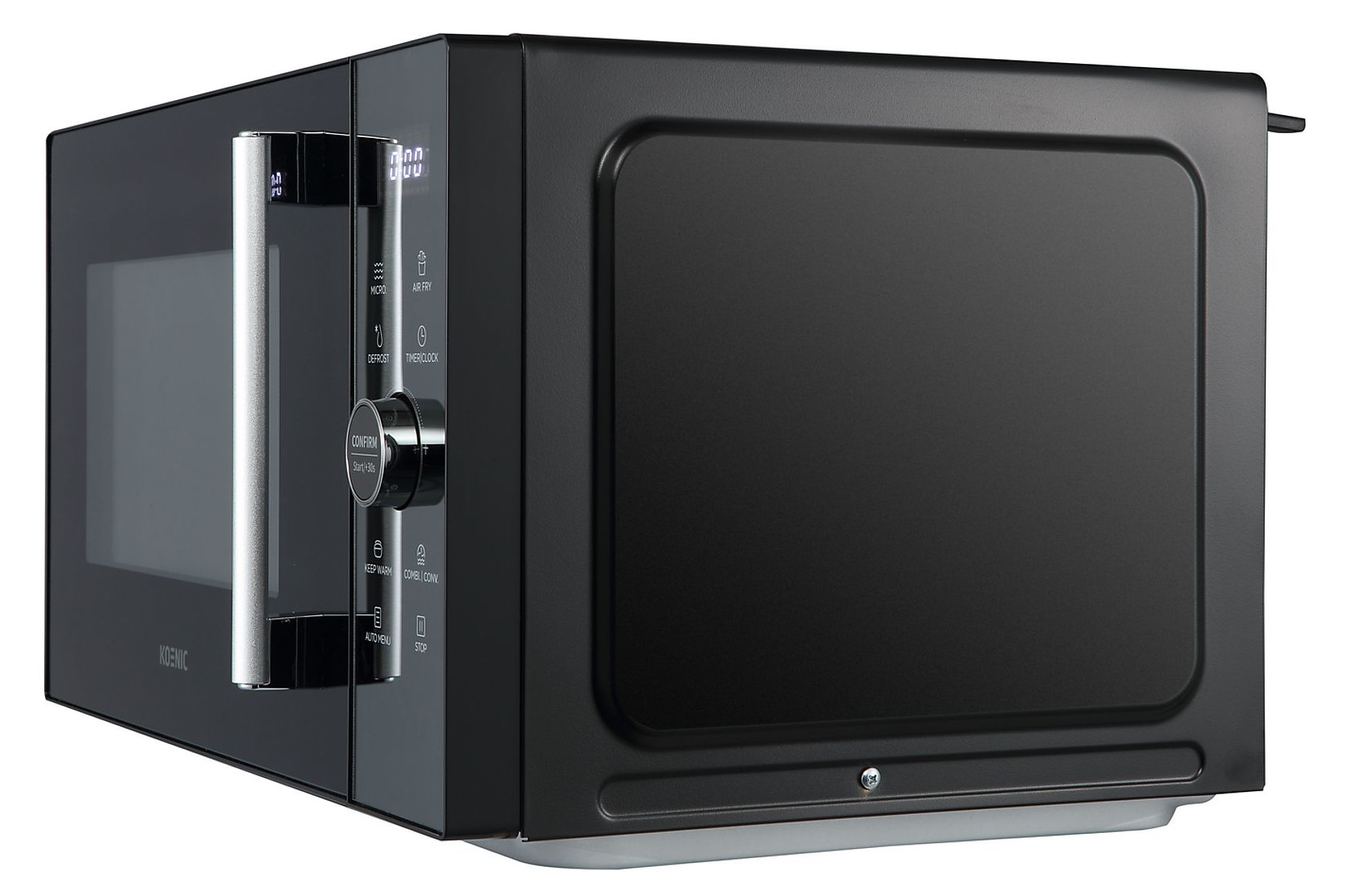 Czarna kuchenka mikrofalowa Koenic stoi na białej powierzchni. Posiada wyświetlacz cyfrowy, pokrętło i uchwyt.