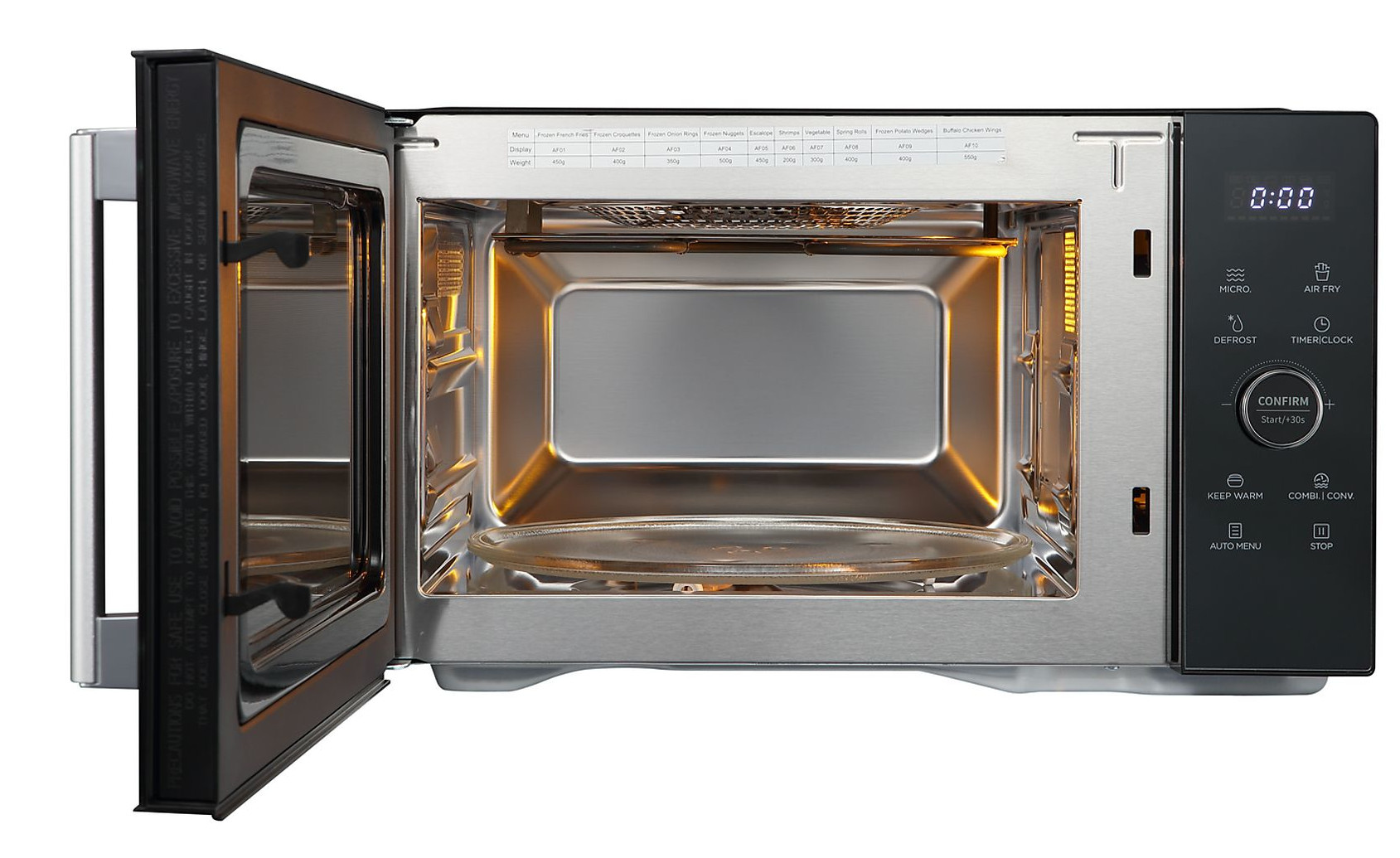 Otwarty piekarnik mikrofalowy z włączonym oświetleniem wewnętrznym. Wyświetlacz pokazuje 0:00. Panel sterowania po prawej. Drzwi otwarte.