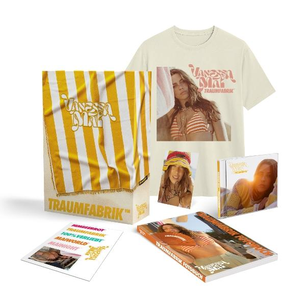 Produkte mit dem Logo 'Vanessa Mai' umfassen ein Handtuch, T-Shirt, Fotobuch, CD und Fotokarte. Alle Artikel zeigen das Bild der Künstlerin.